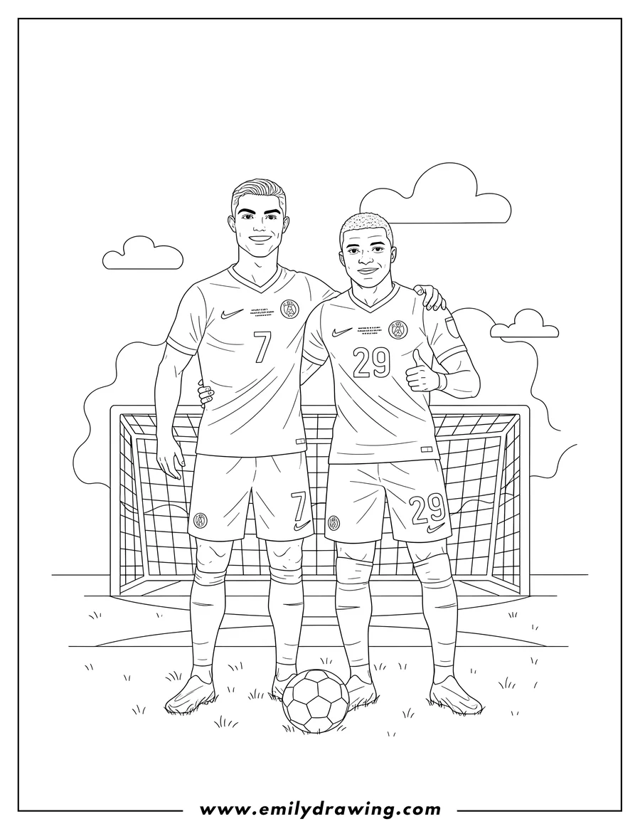 Coloring sheet featuring cristiano Ronaldo (number 7) and Kylian Mbappe (number 29) standing in their soccer uniforms