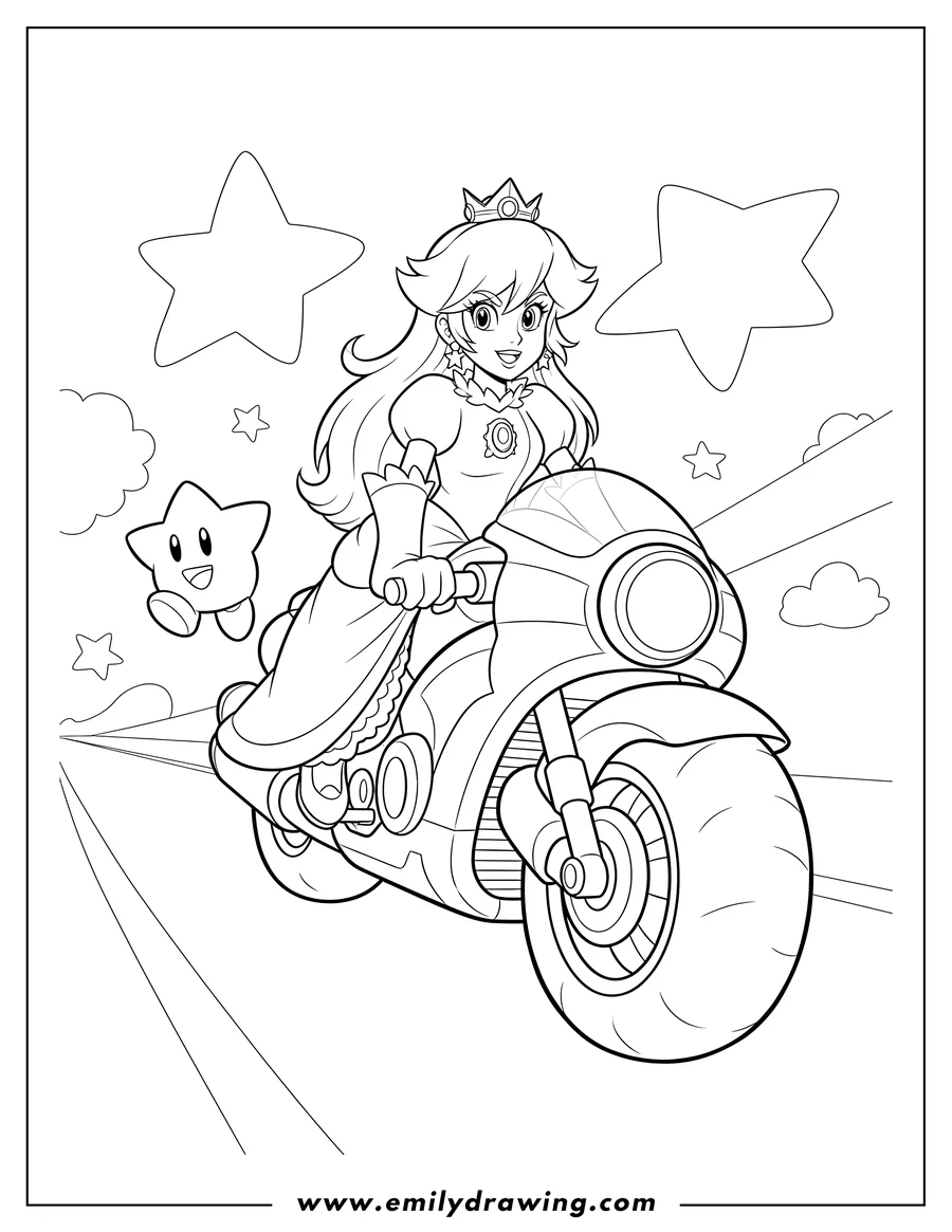 Simple sketch of rosalina riding a motorcycle with Luma alongside, Mario Kart to color