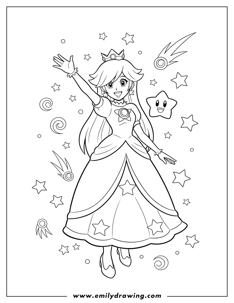 Printable coloring page of easy Rosalina smiling with one arm raised, with Luma and stars background