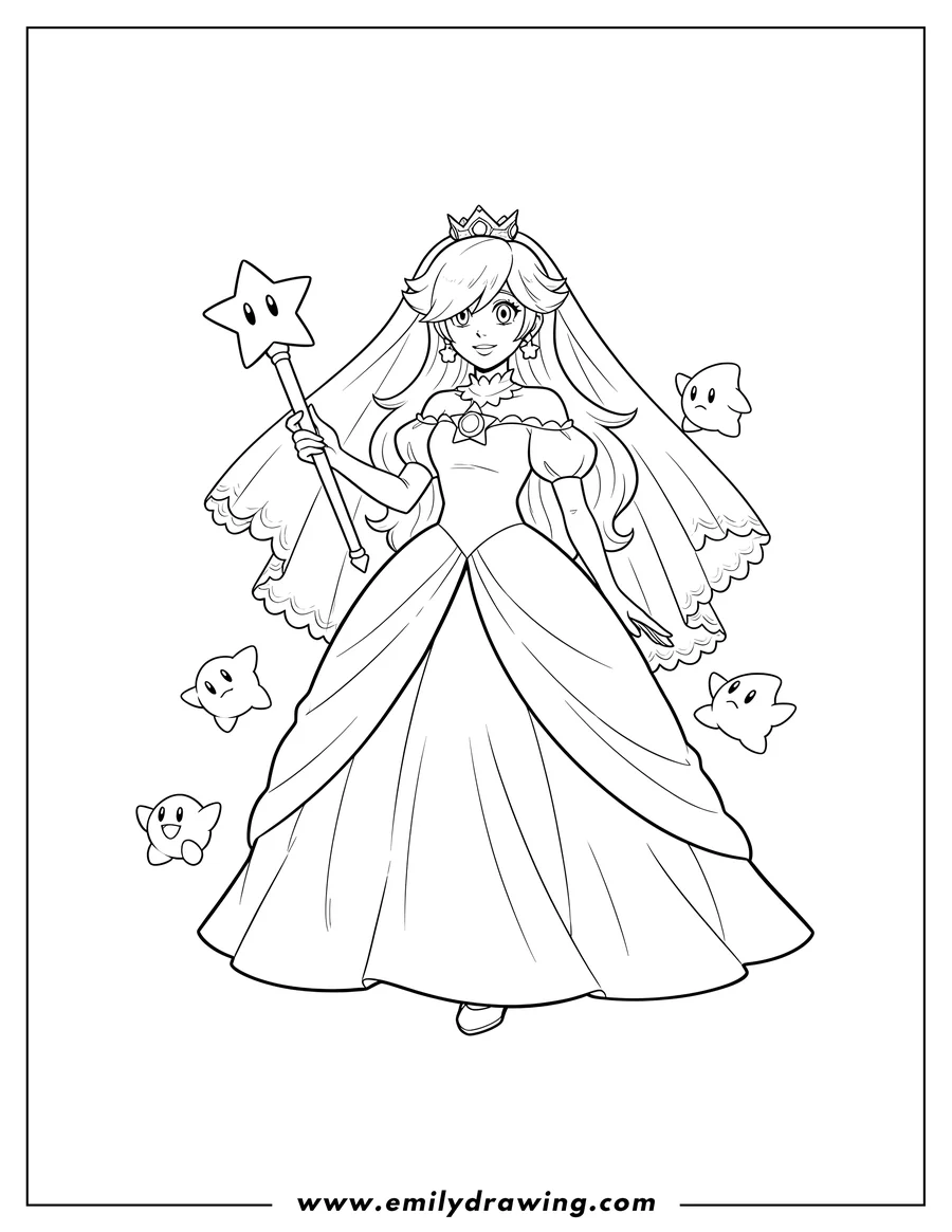 Printable line art of easy Rosalina Wedding Dress, looking forward, with a veil