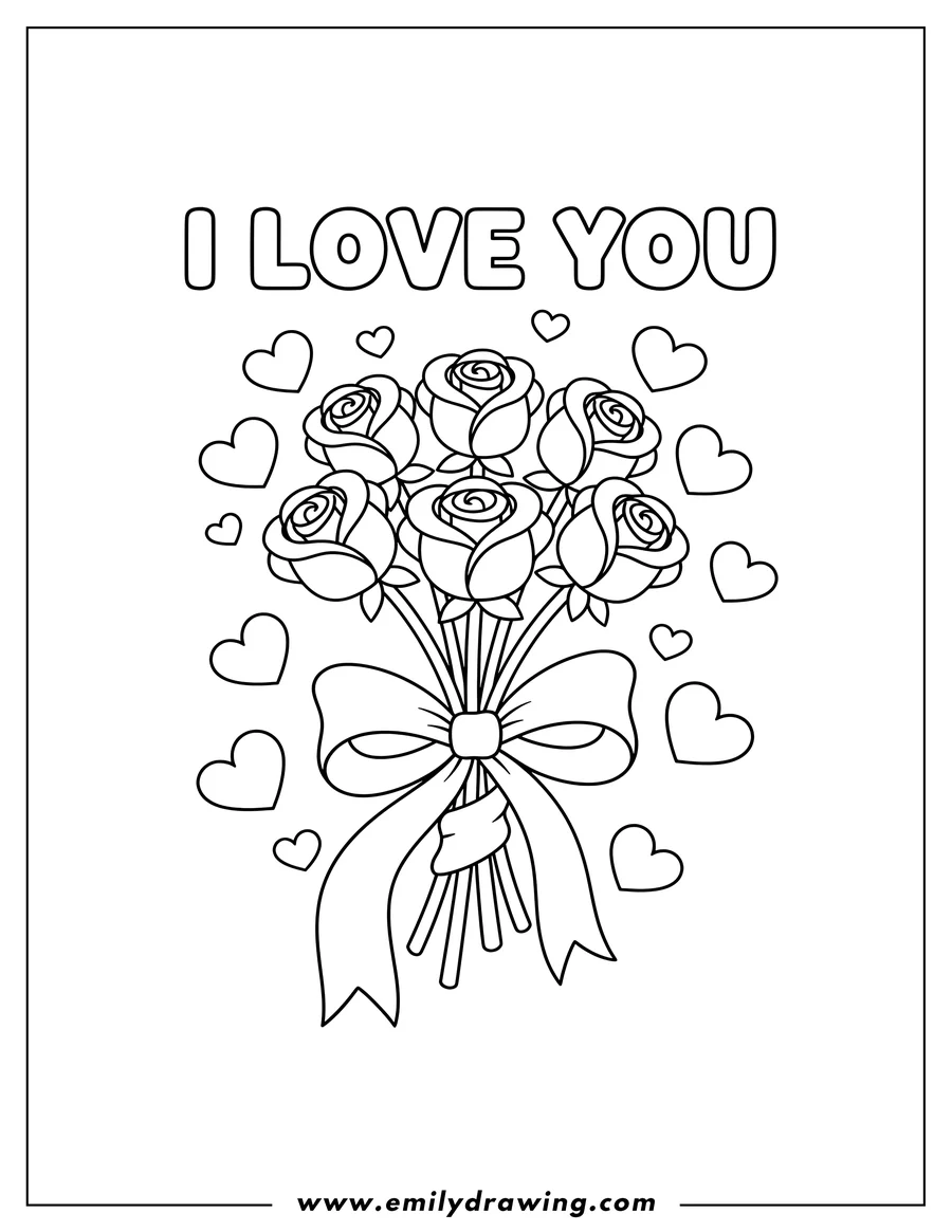 Coloring page for kids: easy Rose Bouquet wrapped with a ribbon, surrounded by hearts, and the words I Love You