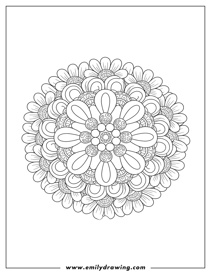 Coloring sheet featuring easy Round Daisy Mandala coloring page, intricate black and white line art