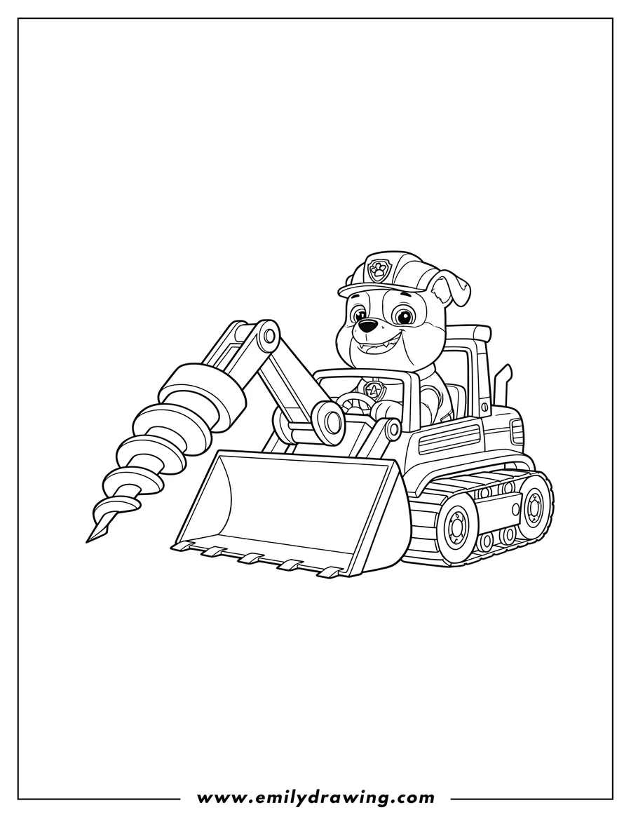 Clean line drawing: rubble smiling and driving his bulldozer with a drill arm