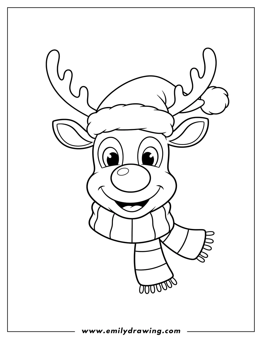 Printable coloring page of easy Rudolph head smiling, wearing a Santa hat and a striped scarf