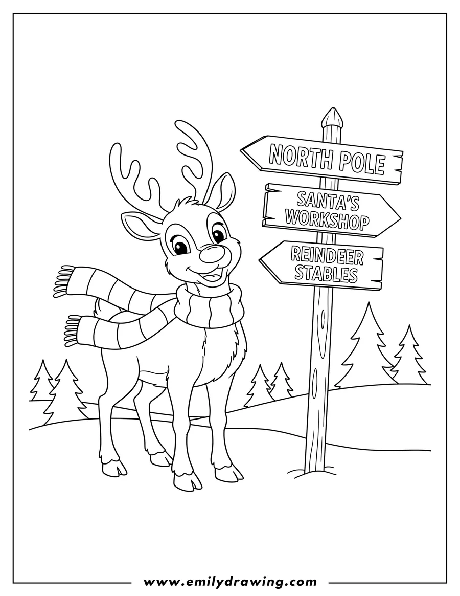 Vector style outline of rudolph wearing a scarf next to the North Pole signpost