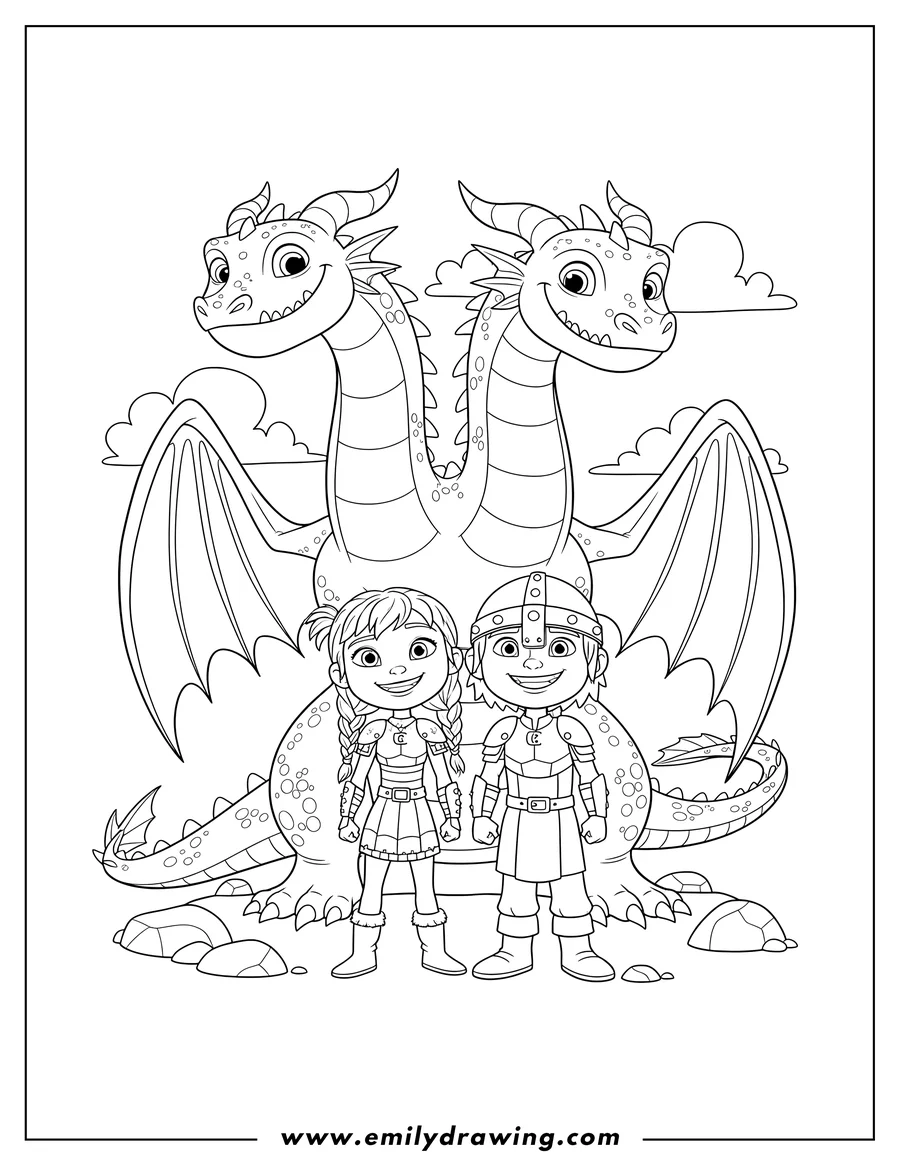 Outline drawing of ruffnut and Tuffnut smiling together with their dragons Barf and Belch