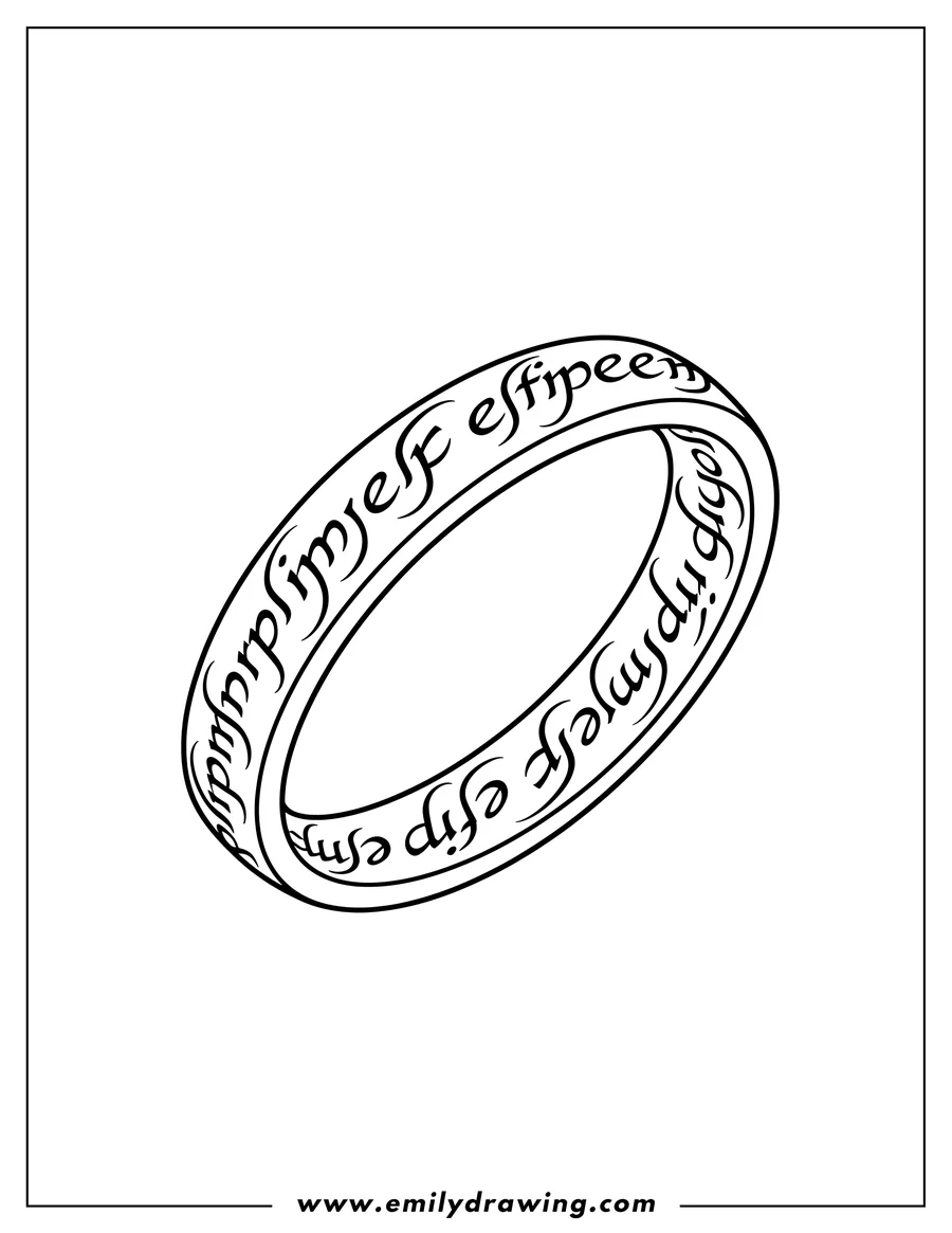 Coloring page of **[Scene]**: Easy Ruling Ring Outline with Elvish inscription at an angle