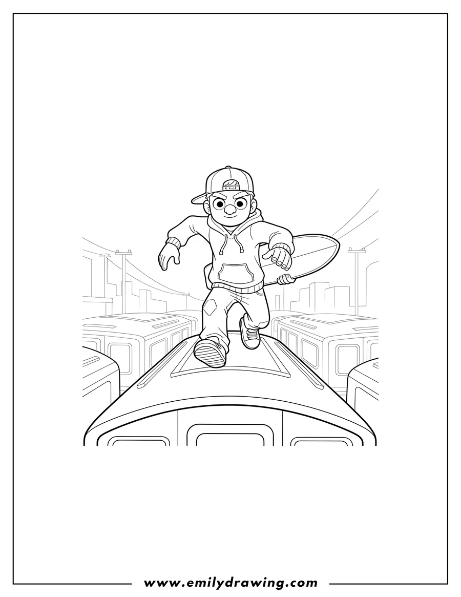 Free printable coloring sheet of subway Surfer running on top of a train, holding a hoverboard, from a top-down view