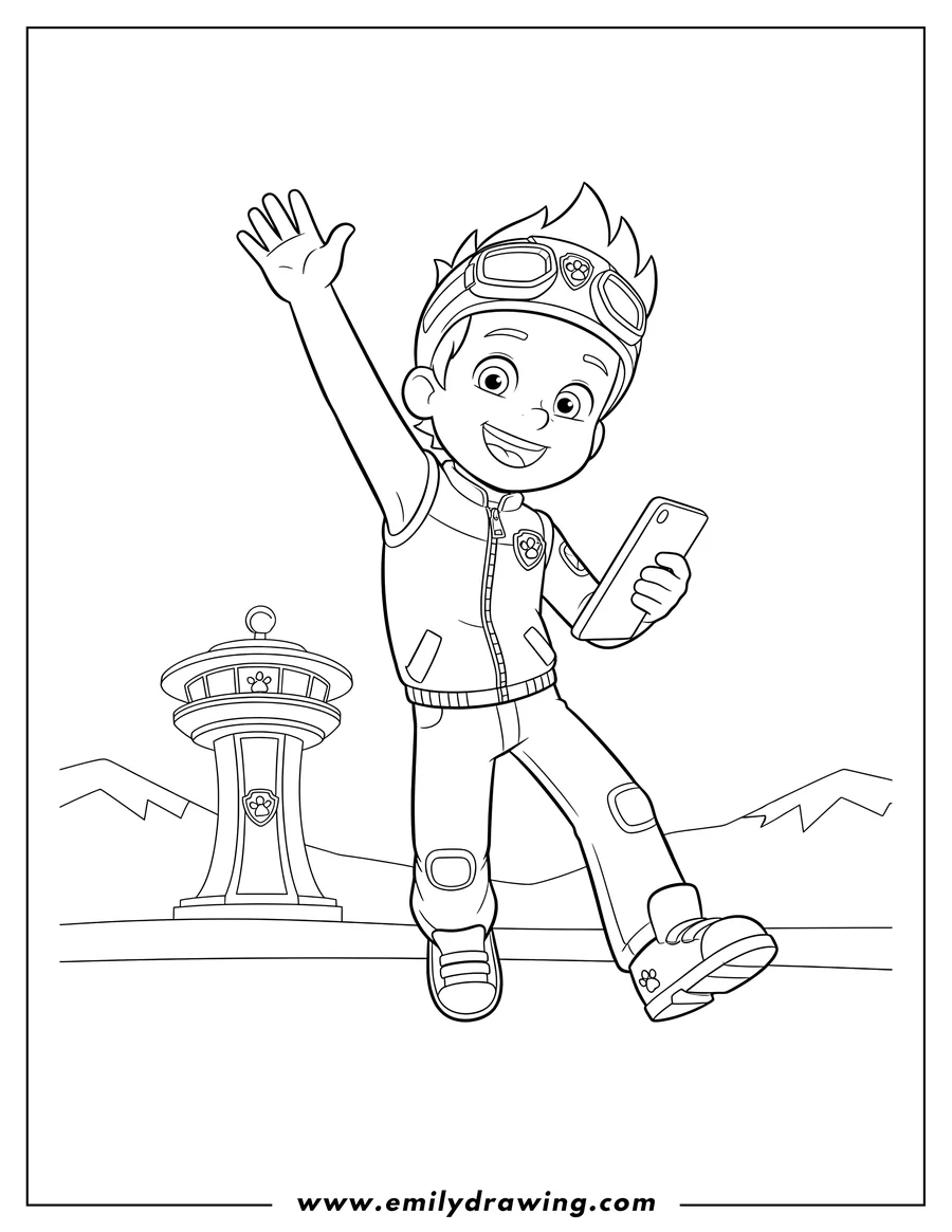 Printable coloring page of ryder Character Scaled, jumping with arm raised and smiling