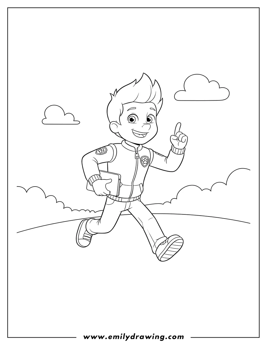 Free to print drawing of ryder From Paw Patrol running and pointing his finger upwards