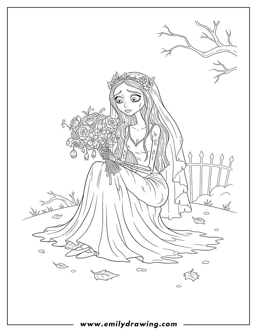 Printable line art of sad Corpse Bride Emily sitting and holding a bouquet