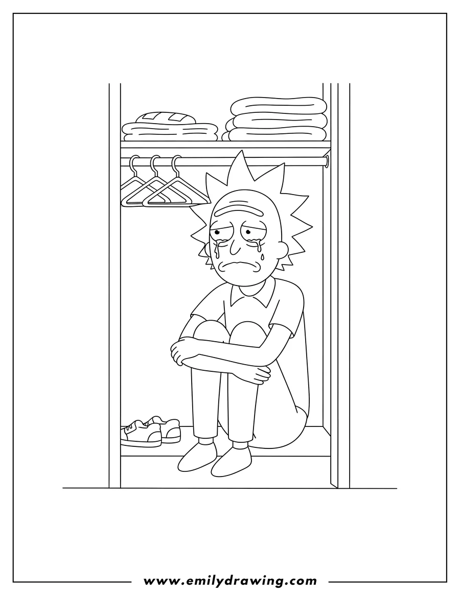Vector style outline of sad Jerry Smith sitting on the floor hugging his knees in a closet, Rick And Morty