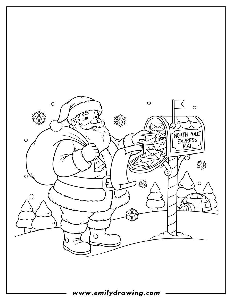 Vector style outline of santa holding a list by a mailbox, checking Christmas mail at the North Pole