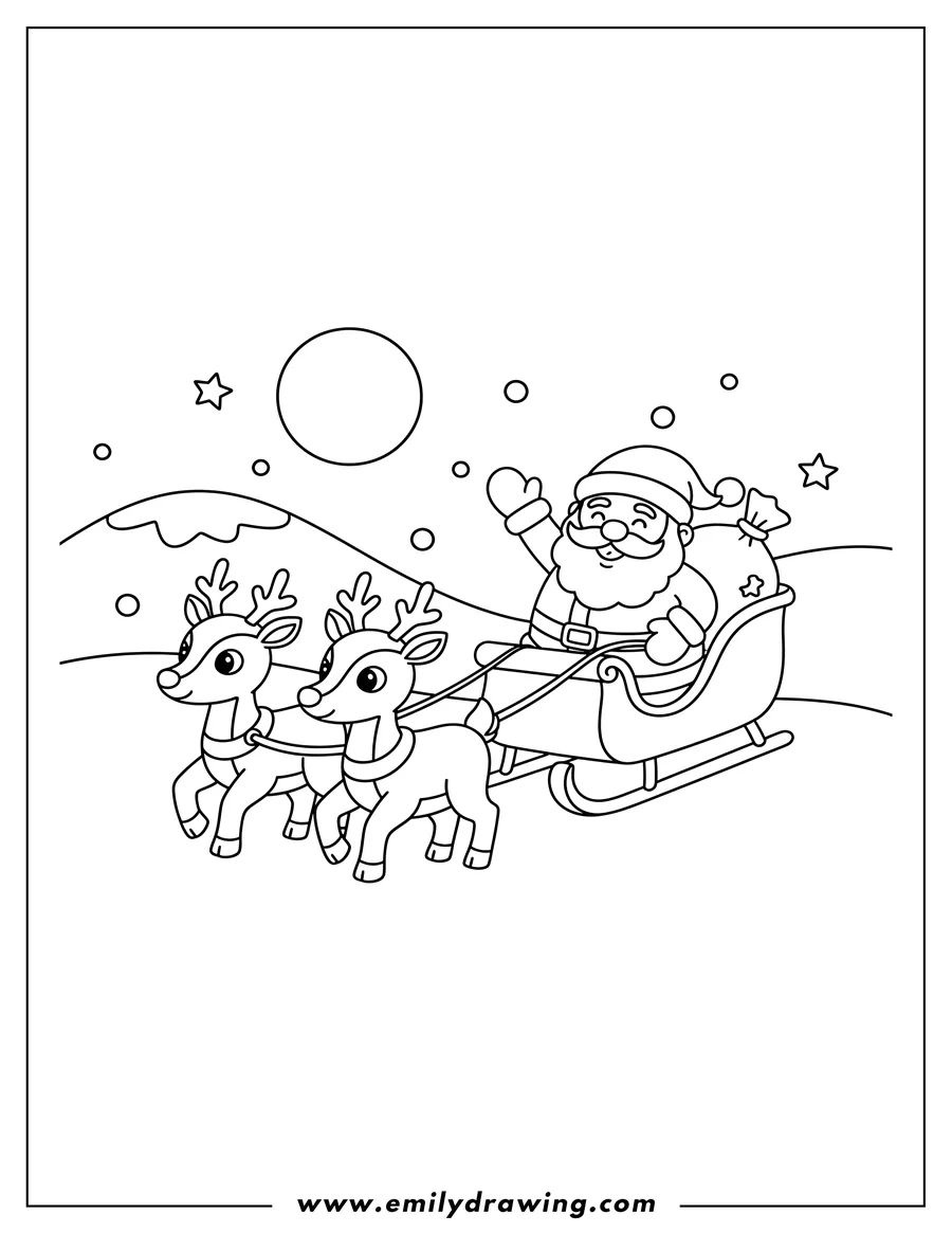 Simple sketch of easy Santa in his sleigh being pulled by his reindeer, waving, to color, preschoolers scaled to color