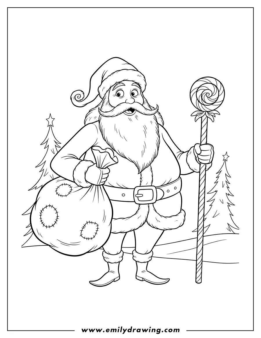 Printable coloring page of nightmare Before Christmas Santa Claus holding a gift sack and candy cane staff