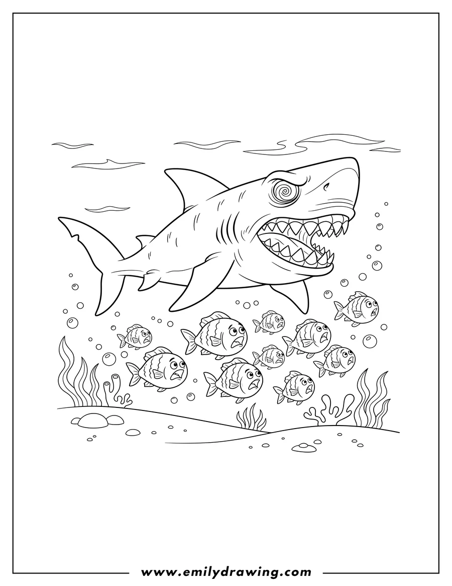 Coloring page of scary Cartoon Shark with wide open mouth and sharp teeth, chasing a school of small fish