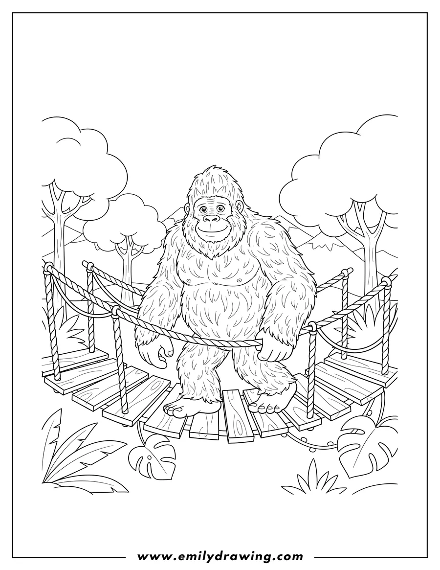 Downloadable coloring page of scary hairy Bigfoot walking across a wooden plank rope bridge in a jungle