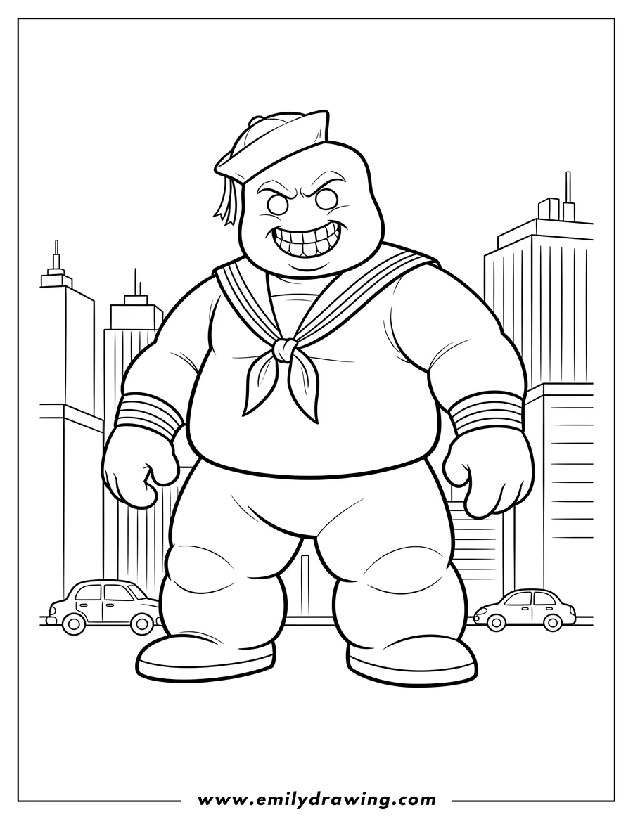 Clean line drawing: scary Marshmallow Man in a sailor suit, with a menacing grin, in the city