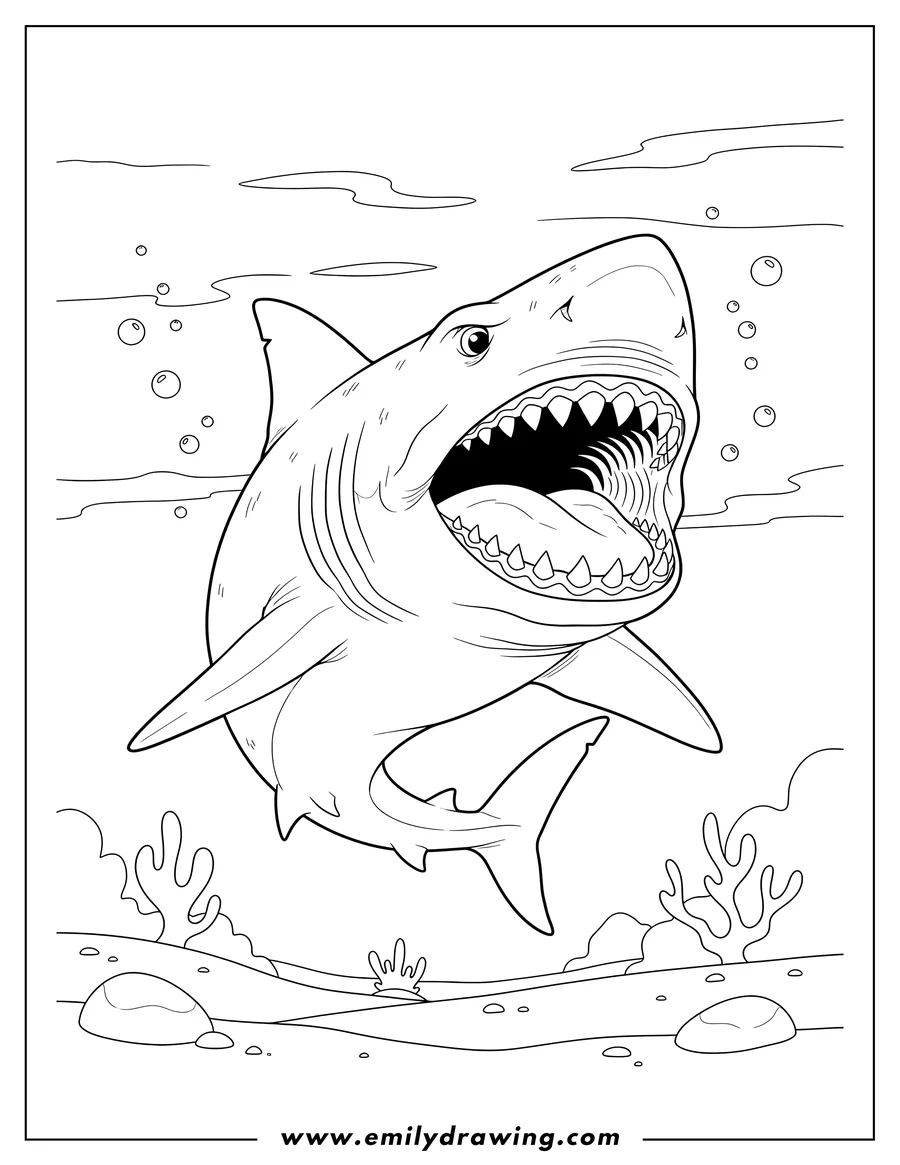 Outline drawing of scary Megalodon With Open Mouth, swimming upwards and showing sharp teeth