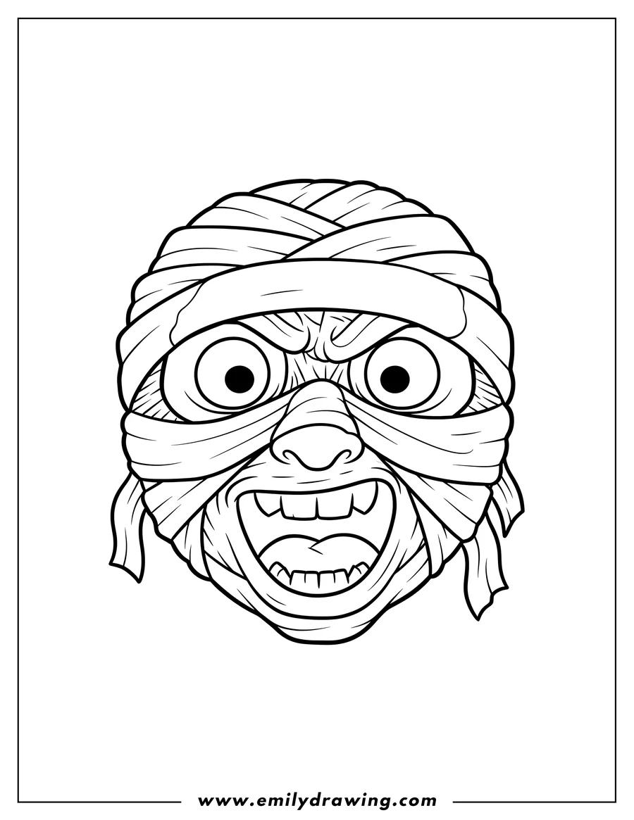 Coloring page of scary Mummy Face with bandages, open mouth and wide eyes