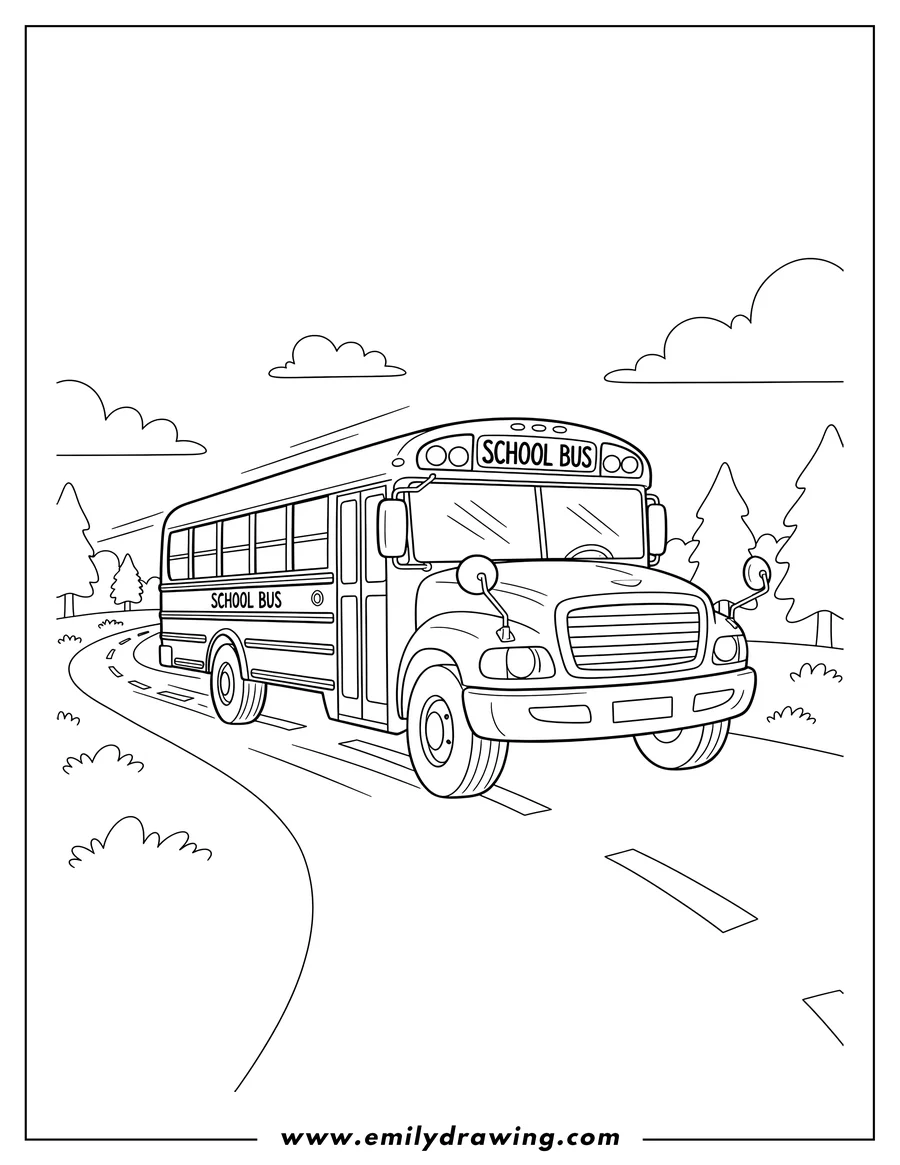 Linear illustration of school Bus Driving On Road with 'SCHOOL BUS' written on its side