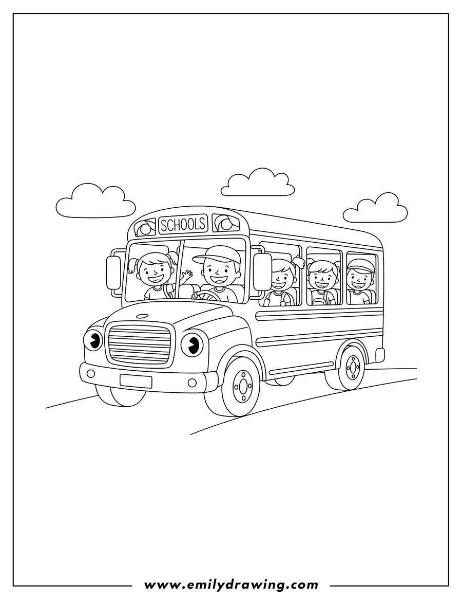 Doodle style coloring picture of easy School Bus with smiling children and a driver