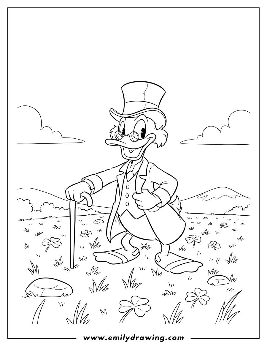 Outline drawing of scrooge Mcduck in a field, wearing a top hat and holding a cane