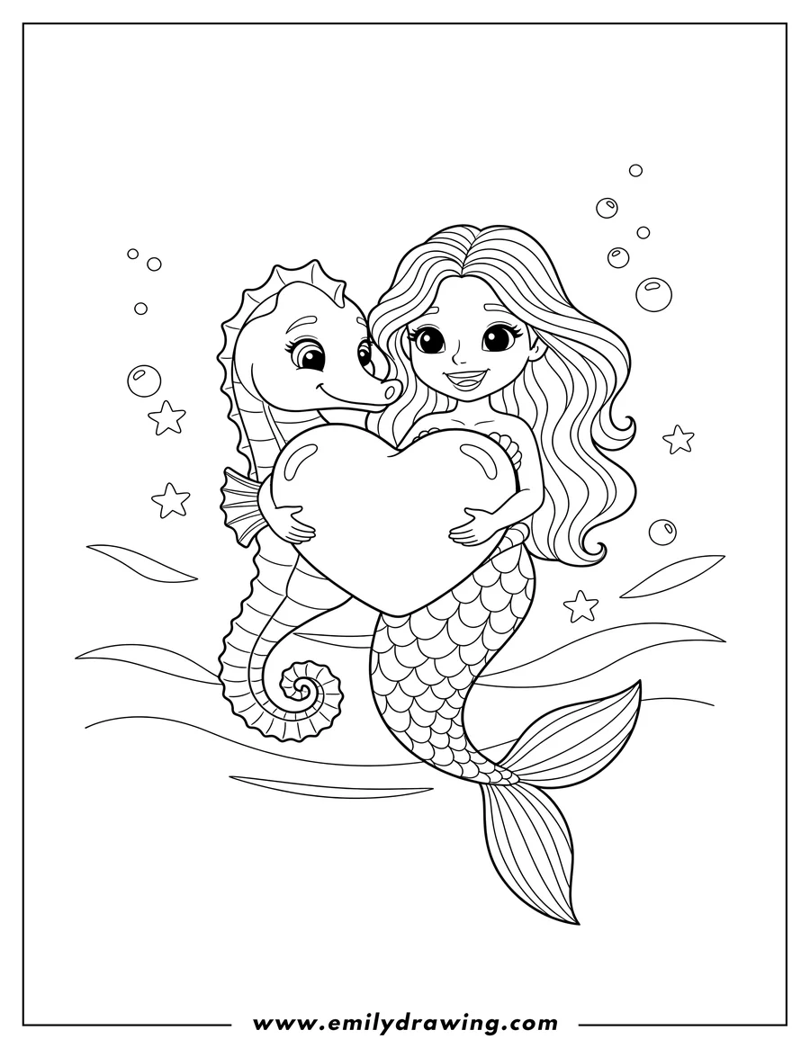 Vector style outline of seahorse And Mermaid Cuddling A Large Love Heart To Color