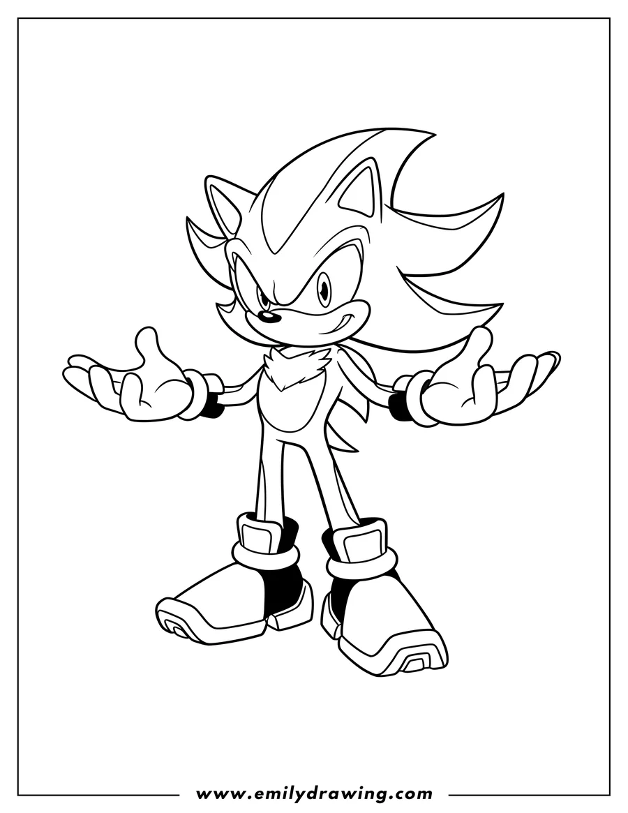 Doodle style coloring picture of easy Shadow the Hedgehog standing with open hands