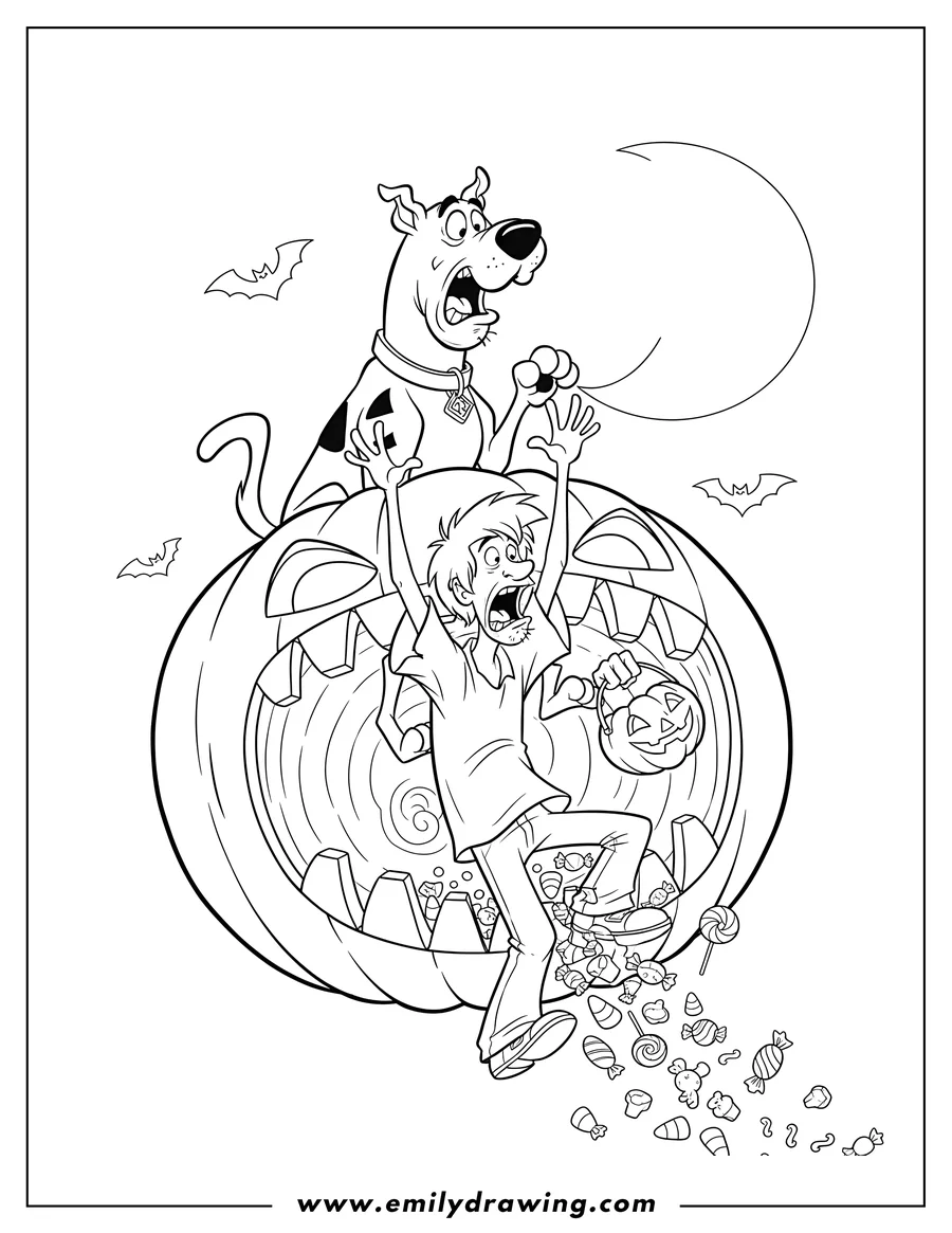 Linear illustration of halloween Themed Scooby Doo Scaled, Shaggy screaming with a scared Scooby, inside a giant jack-o'-lantern mouth, candy spilling from a pumpkin bucket