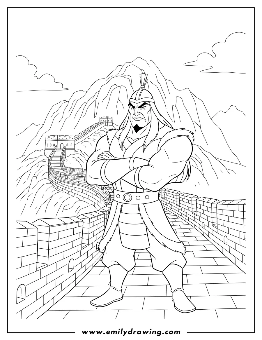 Clean line drawing: disney Villain Shan Yu, muscular and stern, standing on the Great Wall of China