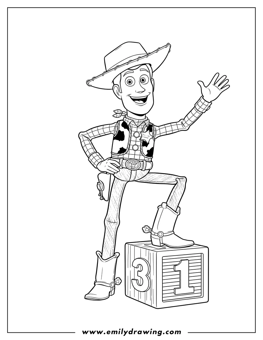 Coloring page of sheriff Woody smiling, posing with one leg on a block showing numbers 3 and 1