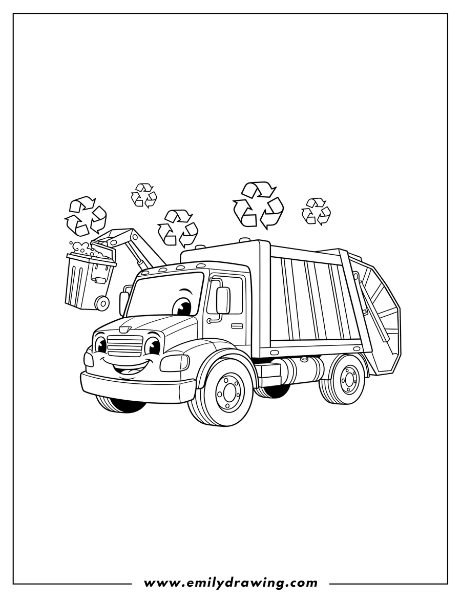 Full page coloring image of side Loader Garbage Truck Scaled with recycling symbols and a trash bin