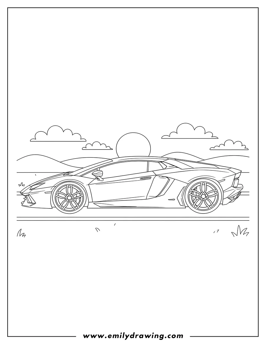 Full page coloring image of side Profile Lamborghini Aventador parked on a road