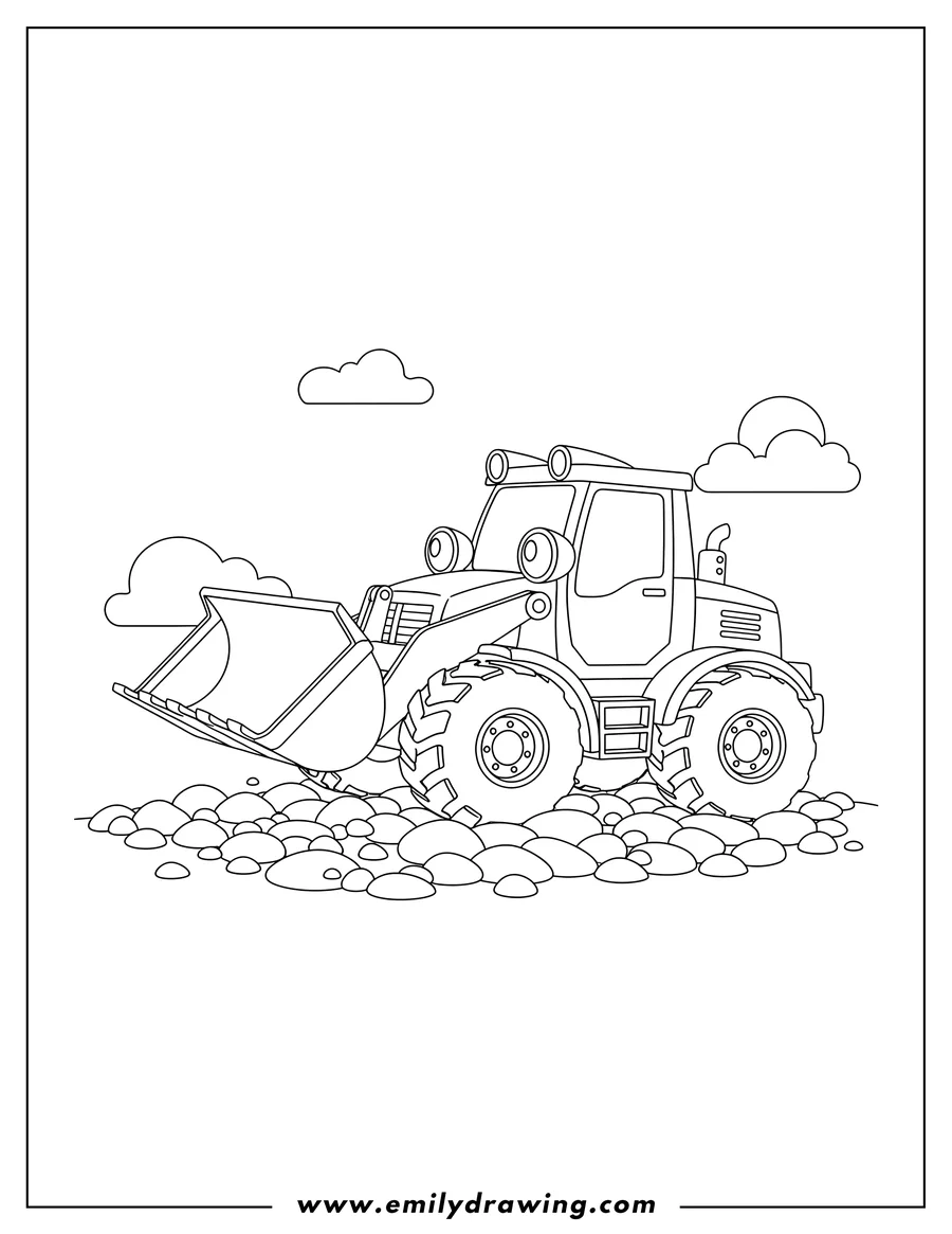 High quality printable cute side view of a bulldozer truck with a large front bucket on rocky terrain for coloring