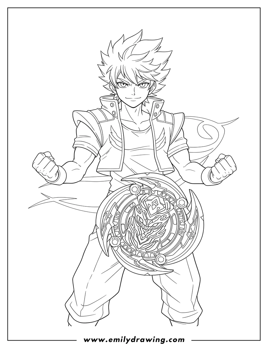 Full page coloring image of silas Karlisle Smirking with clenched fists and a large Beyblade