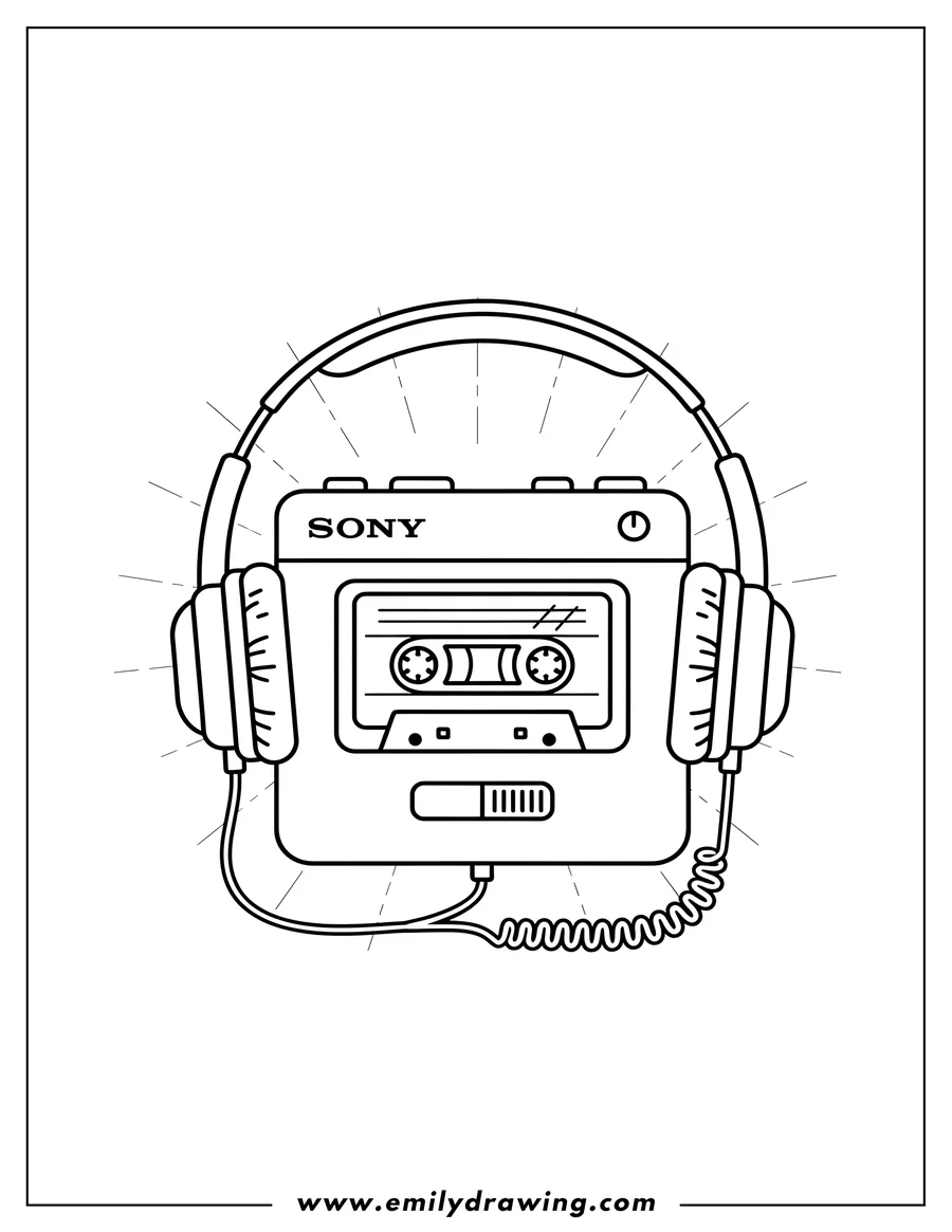 Printable line art of simple 80S Sony Walkman with headphones and a cassette tape inside