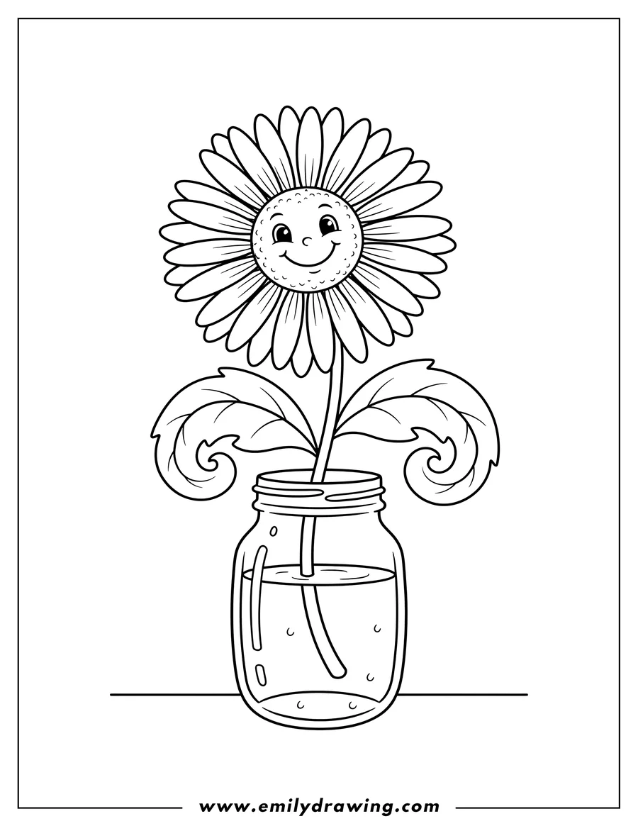 Printable line art of single Daisy with a happy face and leafy branches, in a glass jar with water