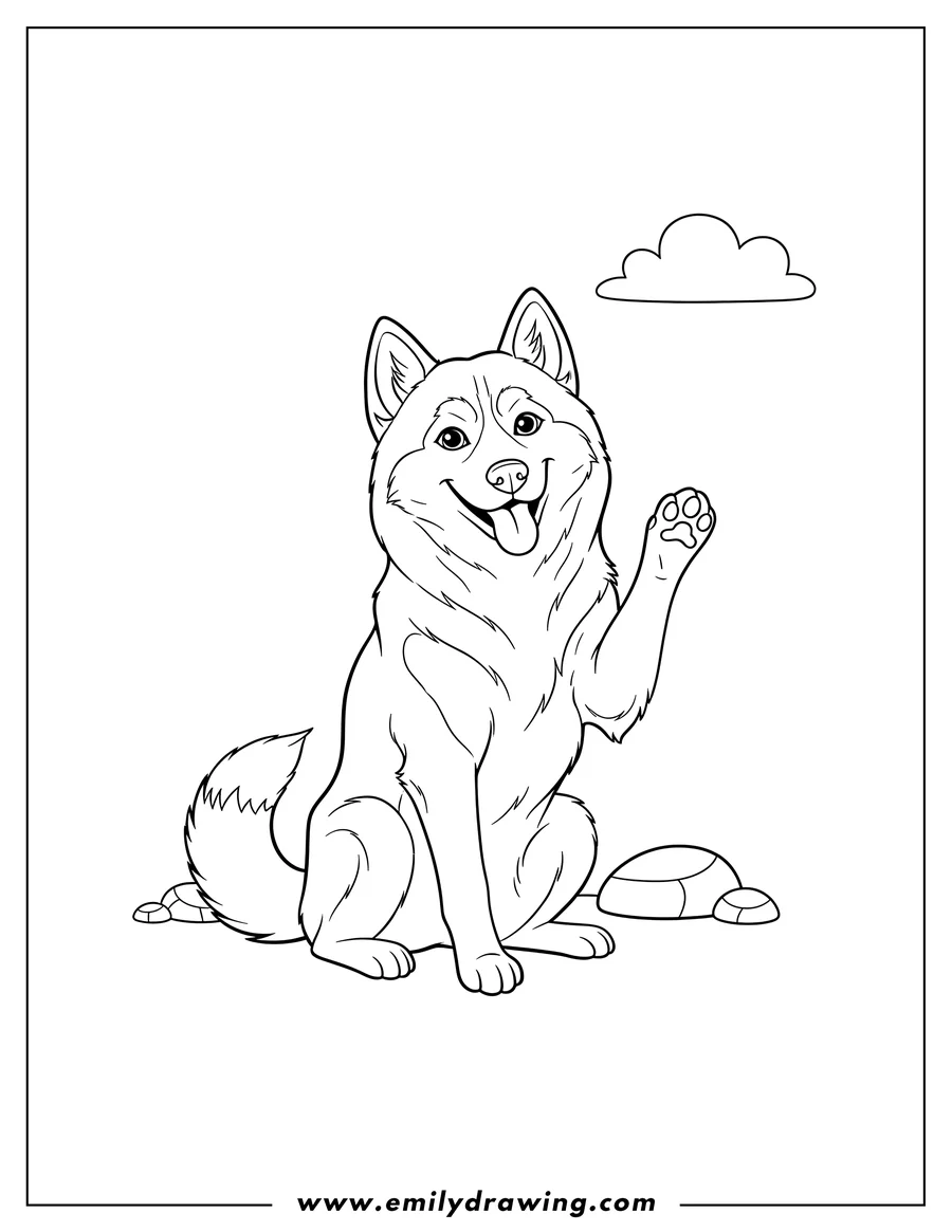 Doodle style coloring picture of sitting Husky Waving Paw