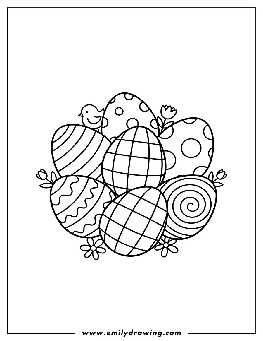 Clean line drawing: easy Six Easter Eggs Preschoolers, each decorated with simple patterns