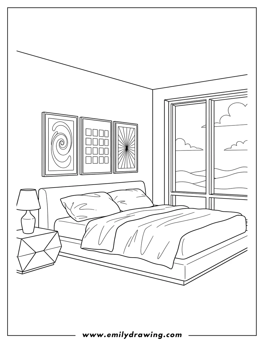 Vector style outline of sleek Modern Bedroom with a large window, bed with pillows, and wall art