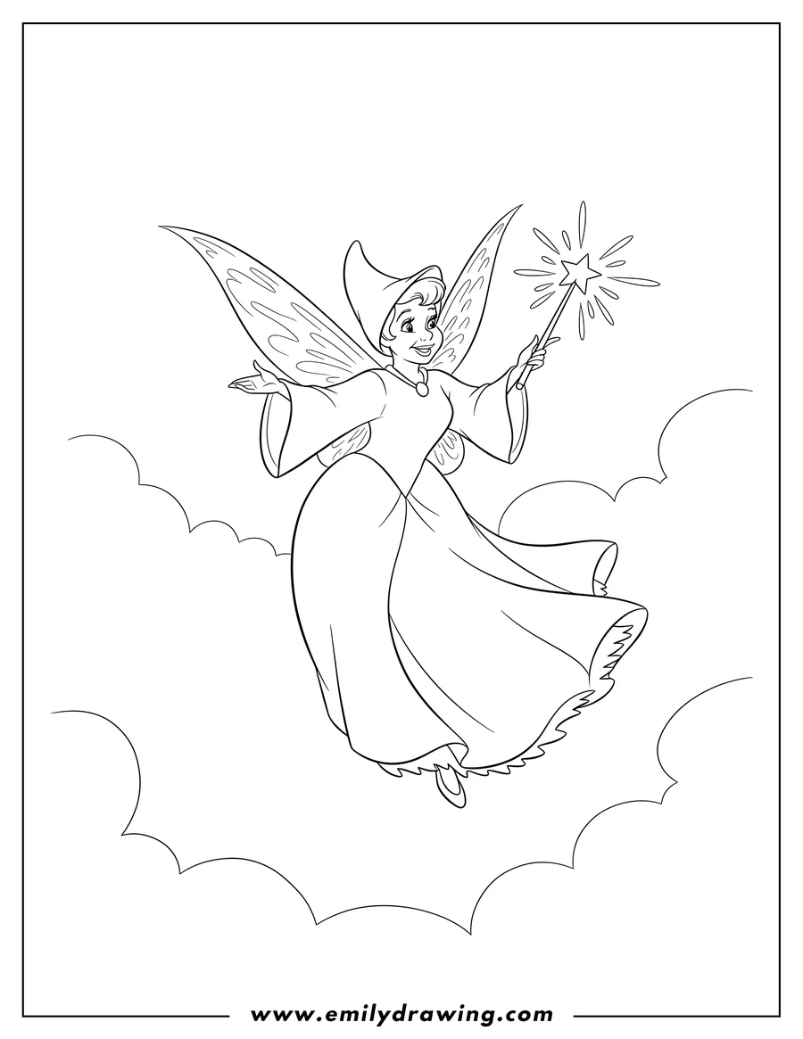 Coloring page for kids: sleeping Beauty Fairy Godmother Fauna flying and holding a magic wand