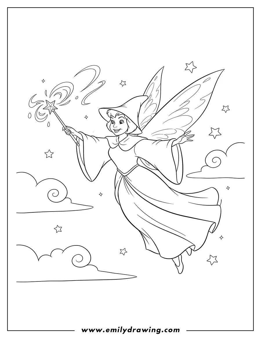 Coloring page of sleeping Beauty Fairy Godmother Flora flying and holding a magic wand