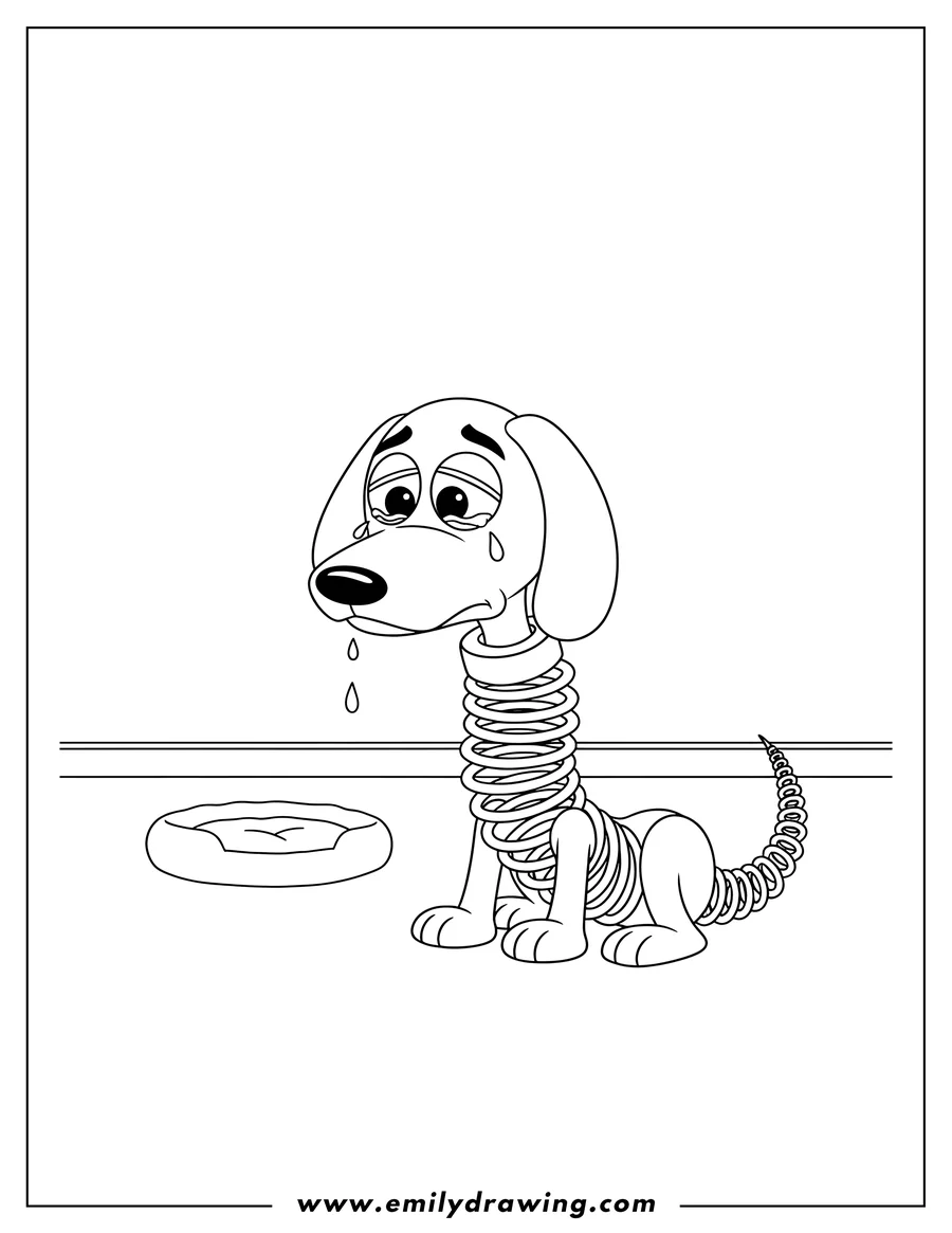 Doodle style coloring picture of slinky Dog from Toy Story sitting and looking sad