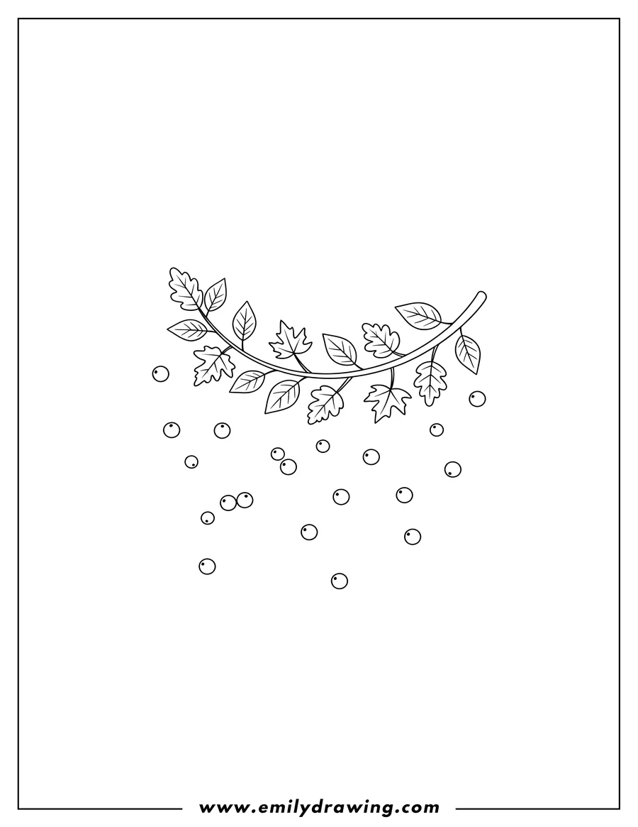 High quality printable small Autumn Leaves To Color, with a leafy branch and scattered berries for coloring