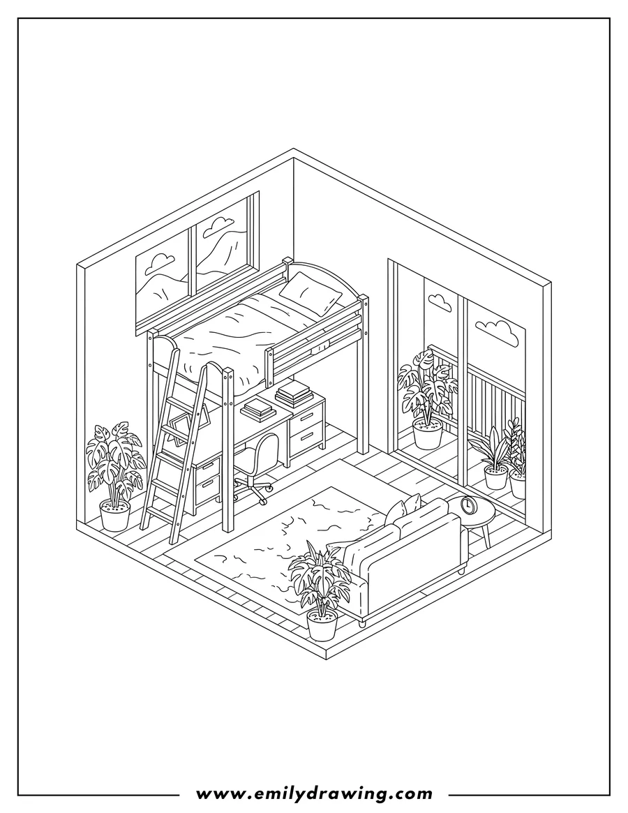 High quality printable small Isometric Bedroom With Loft Bed, Study Desk, Sofa, Balcony, and Potted Plants for coloring
