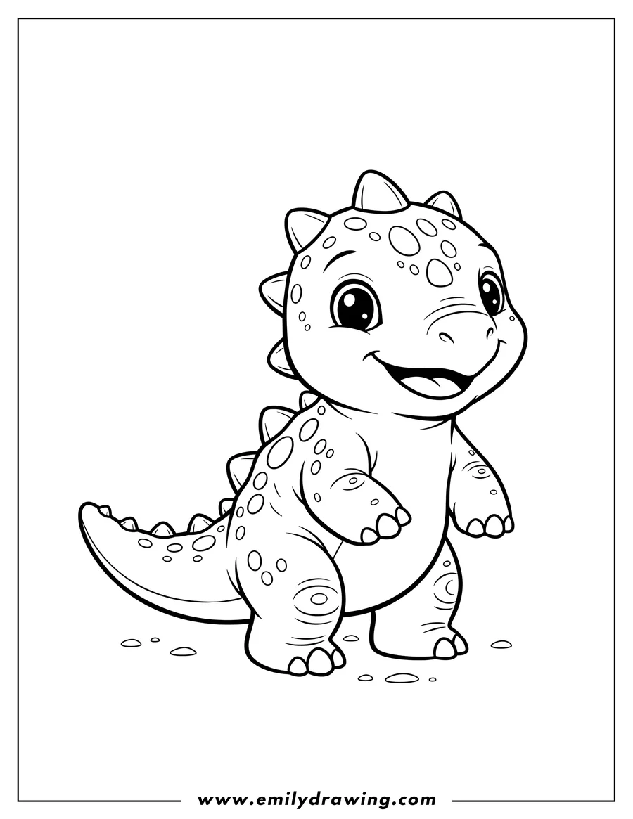 Doodle style coloring picture of easy smiling baby Ankylosaurus standing with club tail