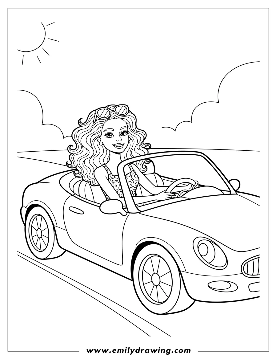Coloring page of smiling Barbie driving a convertible car