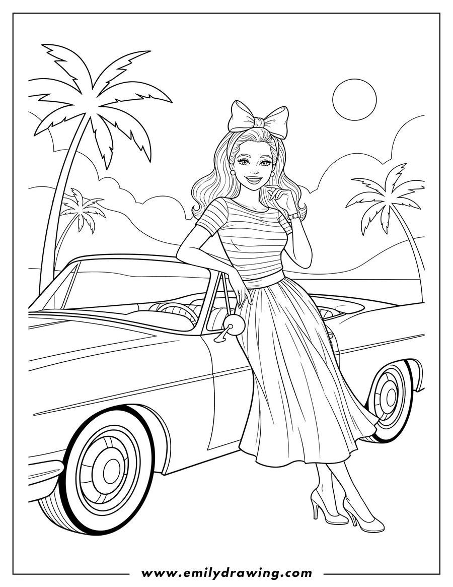 Coloring page of barbie Movie Cover Image, smiling Barbie in a headband leaning on a car