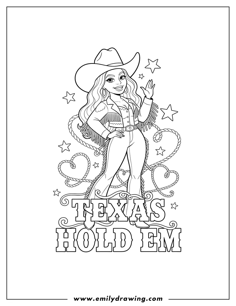 Printable coloring page of smiling Beyonce in a Cowboy Hat and Western Outfit with stars, surrounded by ropes forming hearts, and 'Texas Hold Em' text